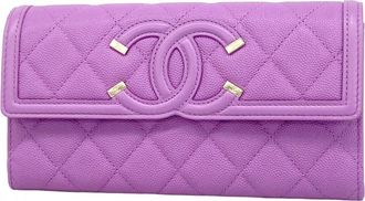 Chanel Purple Grained Calfskin Long Wallet (Bi-Fold) (Pre-Owned)