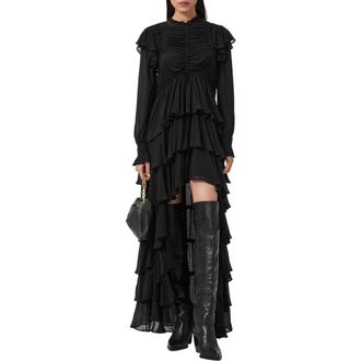 AllSaints Leila Layered Ruffle Long Sleeve High-Low Maxi Dress in Black at Nordstrom, Size 0 Us