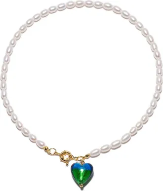 Classicharms Esm&eacute;e Peacock Green Murano Heart Pendant Pearl Necklace at Nordstrom