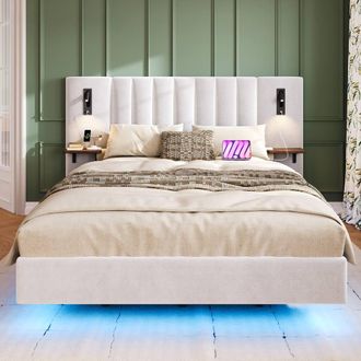 Matteo Upholstered Bed, Adults Teenagers 4ft6 Double Bed, 2 Bedside Lamps in White