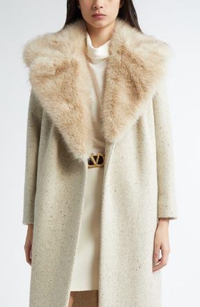 Valentino Garavani Virgin Wool Belted Coat with Faux Fur Collar in Cream Multi at Nordstrom, Size 2 Us