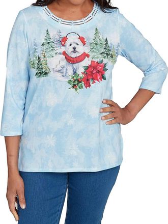 Alfred Dunner Dog With Ear Muffs Tee - Plus In Light Blue