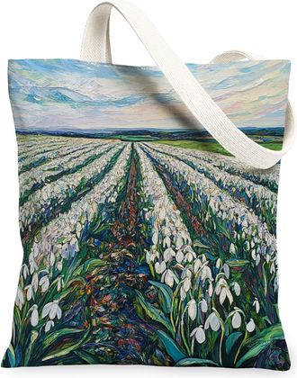 Generic Spring Snowdrops Flower Canvas Tote Bag for Shopping 13x15, Florals Landscape Reusable Grocery Print Bag for Women, Nature Scenic Beach Aesthetic Pain