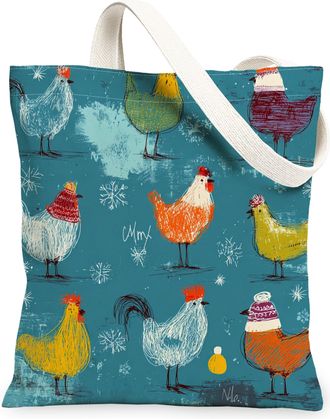 Generic Winter Chickens Canvas Tote Bags, Colorful Bird Pattern Reusable Grocery Bags, Lightweight Washable Shoulder Strap Canvas F, Teal, 13x15 Inch
