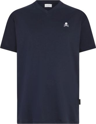 Philipp Plein Tops, Heren, Blauw, 4Xl, Katoen, Basic V-Neck T-Shirt Skull