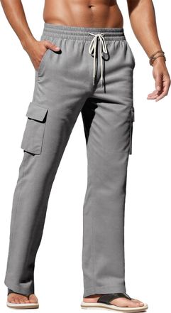 Feoya Mens Linen Trousers Casual Lightweight Workout Yoga Pants Elastic Waist Drawstring Linen Pants with Cargo Pockets for Holiday Beach Summer Grey M
