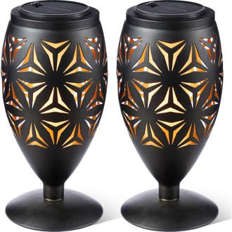 Glitzhome Set of 2 Metal Cutout Geometric Pattern Solar Powered Outdoor Lantern with LED Light in Black at Nordstrom, Size Medium