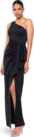 Xscape Long Scuba One Shoulder Ruffle Womens Dress Black : 12, Polyester