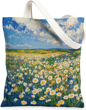 Generic Spring Primroses Flower Canvas Tote Bag for Shopping 13x15, Florals Landscape Reusable Grocery Print Bag for Women, Nature Scenic Beach Aesthetic Pain