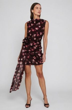 Six Stories Floral Coursage Ruched Mini Dress in Wine at Nordstrom, Size 10
