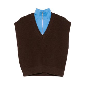Tibi Sleeveless Knitwear, female, Brown, Size: XS Cardigan Stitch Sweater Vest with Removable Dickie