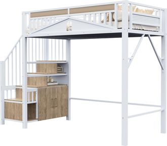 STILVORA Cama Alta Individual Con Escalera Con Almacenaje, Armario Peque&ntilde;o Y Barandilla, 90&times;200 Cm, Sin Colch&oacute;n