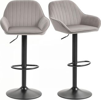 HOMCOM Homcom Juego De 2 Taburetes De Bar Giratorios, Altura Ajustable 62-83 Cm, Tapizada En Terciopelo, Respaldo Y Reposapi&eacute;s, Gris