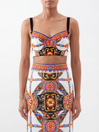 Dolce & Gabbana Bustier cropped in misto cotone con stampa Carretto Siciliano