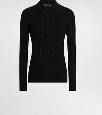 Dolce & Gabbana Long-sleeved Interlock Jersey Polo-shirt With Laces - Man T-shirts And Polos Black 54