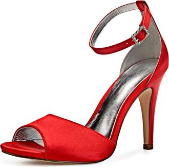 Generic Wedding Shoes Womens Heels High Heels Satin Bridal Shoes Stiletto Ankle Strap Open Toe High Heels Sandals10.5 Cm,red,9 UK
