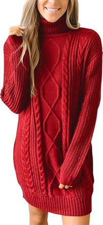 Generic Women Winter Autumn Solid Color Roll Neck Jumper Dress Fashion Long Sleeve Cable Knitted Pullover Dress Casual Loose Knit Mini Dress Basic Sweater Dre