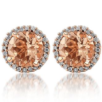 Pompeii3 1 1/2 Ct Diamond & Morganite Rose Gold Halo Studs Screw Back Earrings Rose Gold