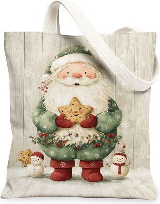 Generic Christmas Santa Canvas Tote Bags, Holiday Snow Man Print Reusable Grocery Bags, Festive Lightweight Washable Shoulder Strap Canvas for Shopping Travel
