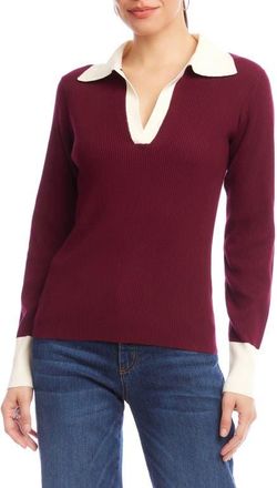 Karen Kane Contrast Rib Polo Sweater in Wine/Cream at Nordstrom, Size X-Large