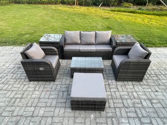 Fimous Outdoor Rattan Garden Furniture Set Patio Lounge Sofa Set with Reclining Chair Rectangular Coffee Table 2 Side Tables in Dark Grey