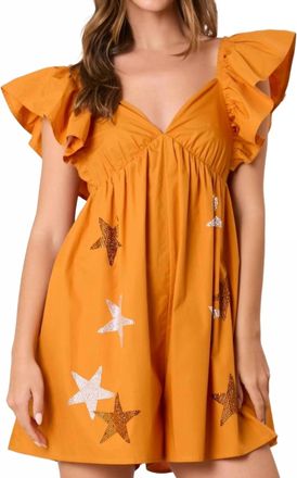 Peach Love California Sequin Stars Rhinestone Ruffle Sleeve Romper In Burnt Orange