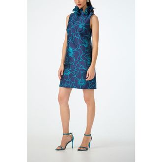 Trina Turk Edina High Ruffle Neck Dress in Tidewater Teal/ink at Nordstrom, Size 10