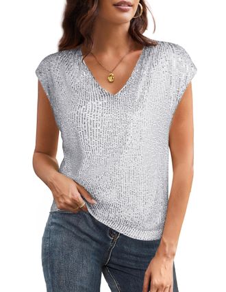 Grace Karin Womens Sequin Top Winter Xmas Short Sleeve V-Neck Sequin Glitter Shirt Casual Classic Blouses for Women UK XL Size 18 Silver