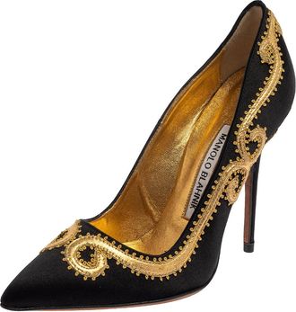 Manolo Blahnik Black Satin Embroidered Pointed Toe Pumps