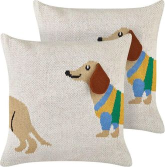 Beliani Beliani - Conjunto De 2 Cojines Decorativos Para Habitaci&oacute;n Infantil Motivo Perro Salchicha Funda Algod&oacute;n Beige 45 X 45 Cm Battal