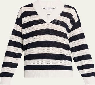 Brunello Cucinelli Sparkling Striped Cotton Net Knit V-Neck Sweater
