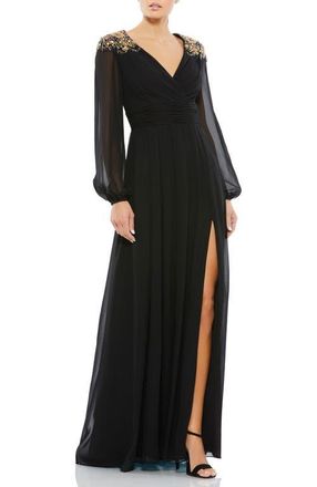 Mac Duggal Embellished Shoulder Blouson Sleeve Evening Gown in Black Gold at Nordstrom, Size 4