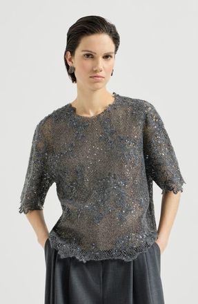 Brunello Cucinelli Dazzling lace embroidery t-shirt in sparkling mohair and wool in Dark Grey at Nordstrom, Size Xx-Small