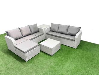 Fimous Outdoor Garden Furniture Sets 7 Seater Wicker Rattan Furniture Sofa Sets w/ Square Coffee Table high Back Lounge Sofa Big Footstool Side Table
