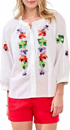 Tribal Floral Embroidery Blouse In White