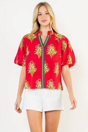 THML Clothing Puff Sleeve Floral Detail Top In Magenta
