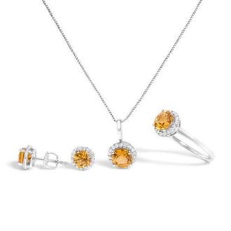 House of Brilliance 10K Gold Gemstone and 3/8 Cttw Diamond Halo Jewelry Set in White | Orange Citrine at Nordstrom