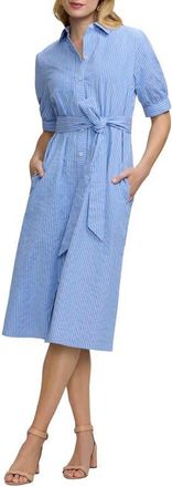 Foxcroft Esther Belted Stripe Cotton Shirtdress in Blue Multi at Nordstrom, Size X-Large P