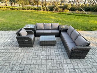 Fimous 7 Seater Rattan Outdoor Garden Furniture Sofa Set Patio Table & Chairs Set with 3 Seater Sofa Reclining Chair 3 Seater Sofa 2 Side Tables