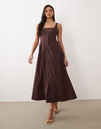 Forever New Vestito skater midi marrone con dettaglio stile corsetto e bottoni