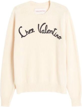 Valentino Round-neck Knitwear, male, Beige, Size: XL Embroidered Jersey Sweater