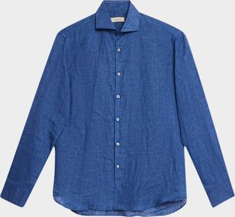 Canali Mens Linen Casual Button-Down Shirt