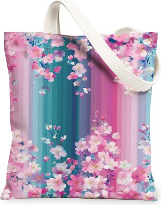 Generic Floral Canvas Tote Bag, Flower Design Reusable Grocery Bags, Spring Vintage Chic Lightweight Washable Canvas Bags for Trave, Peach, 13x15 Inch