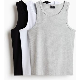 H&M 3-pack slim-fit ribbed tank tops in Black/white/gray Melange at Nordstrom, Size Xx-Large