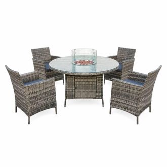 Outdoor Living Amazon Rattan Fire Pit Dining Set - Round Table with 4 Chairs in Grey