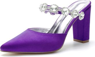 Generic Wedding Shoes Bridal Block Heels Womens Rhinestone Pointed Toe Pumps High Heels Satin Bridal Party Dress High Heels Sandals 9Cm,Dark Purple,10 UK