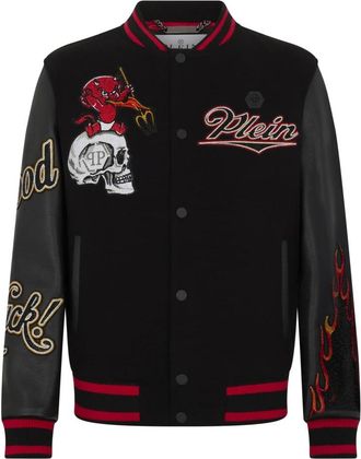 Philipp Plein Varsity Bomber met leren mouwen Devil Skull - Heren - Bomber jackets - Zwart - M - Leer - Jassen