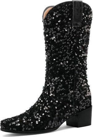 Generic Womens Sequins Sparkly Western Cowgirl Boots Pointed Toe Chunky Heels Mid Calf Pull On Wedding Party Performance Shoes (Black,5.5)