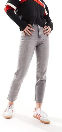 Only Only Emily high waisted straight leg jeans with raw hem in gray
