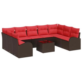 vidaXL Juego De Sof&aacute; Con Coj&iacute;n 10 Pcs Marr&oacute;n Rattan De Poli&eacute;ster Vidaxl